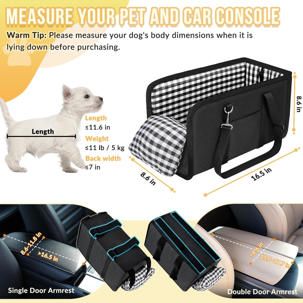 Poupipets Console Dog Car Seat for Small Dogs with Built-In Safety Leash and Washable Cushion