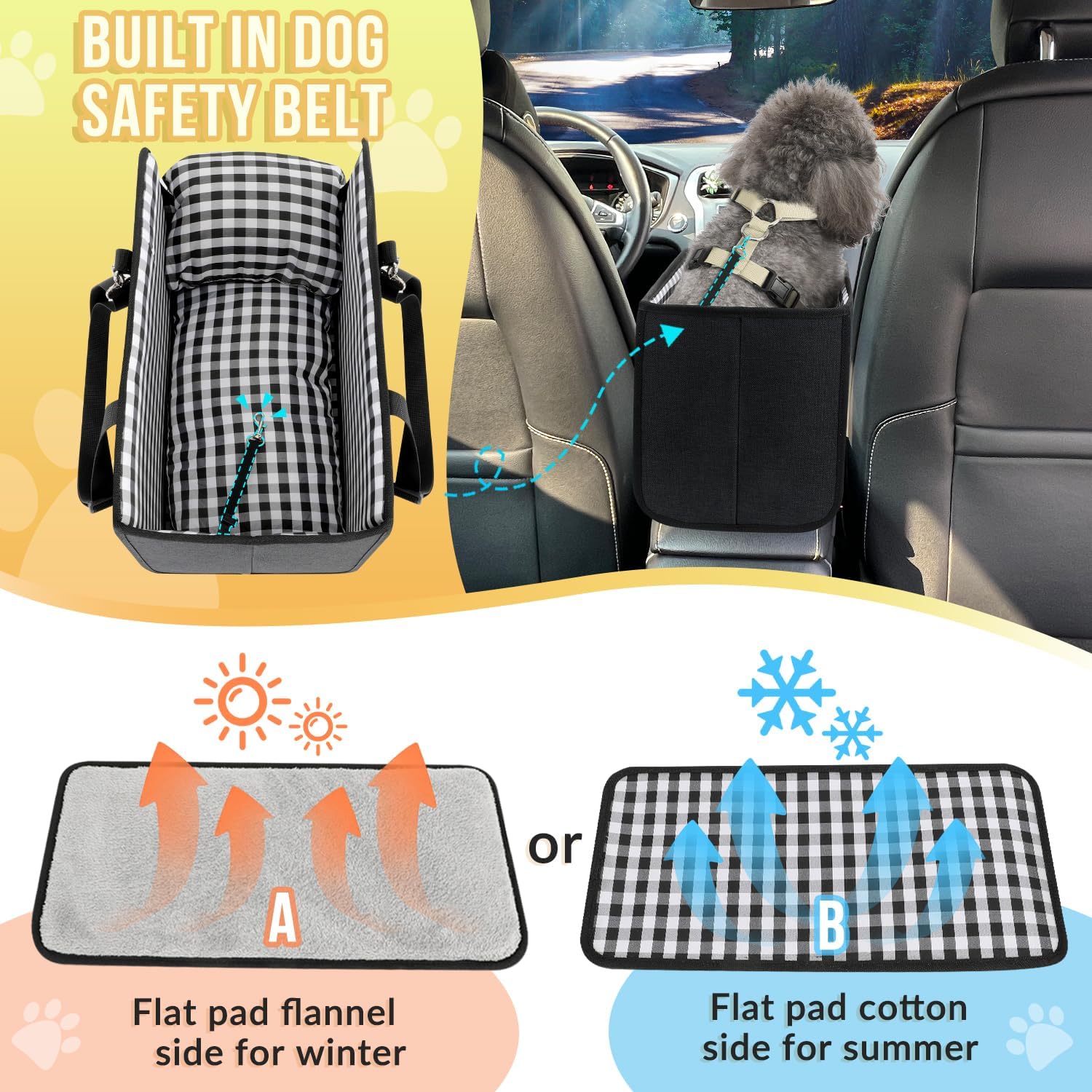 Poupipets Console Dog Car Seat for Small Dogs with Built-In Safety Leash and Washable Cushion