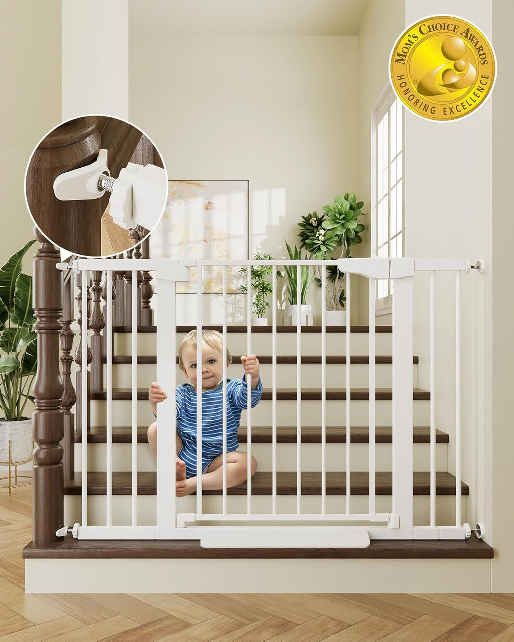 Poupipets Auto-Close Safety Gate for Babies and Dogs with Dual Lock and Pressure Mount