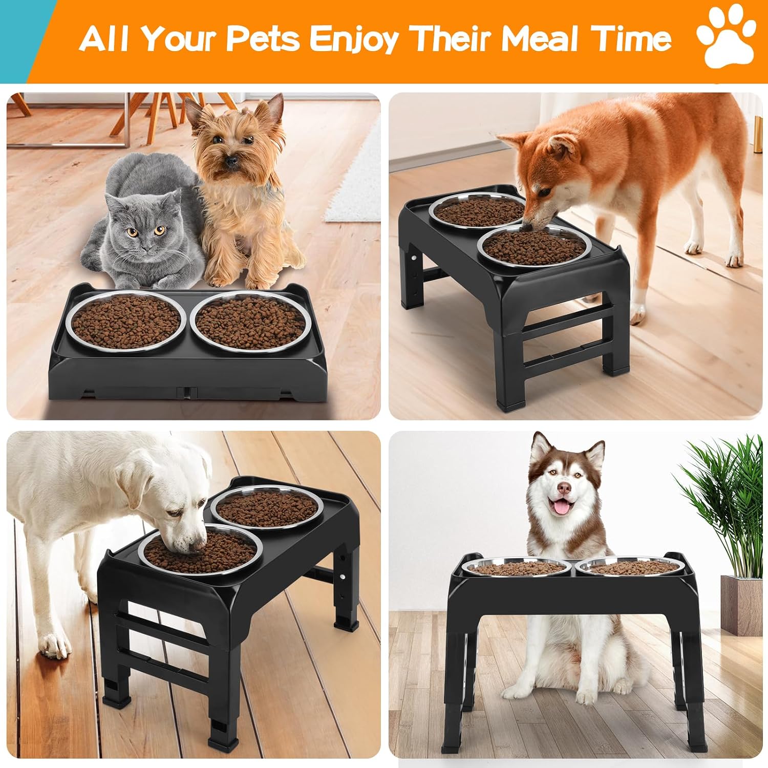 Poupipets Adjustable Elevated Dog Bowl Stand with Dual Stainless Steel Bowls for Small to Large Dogs