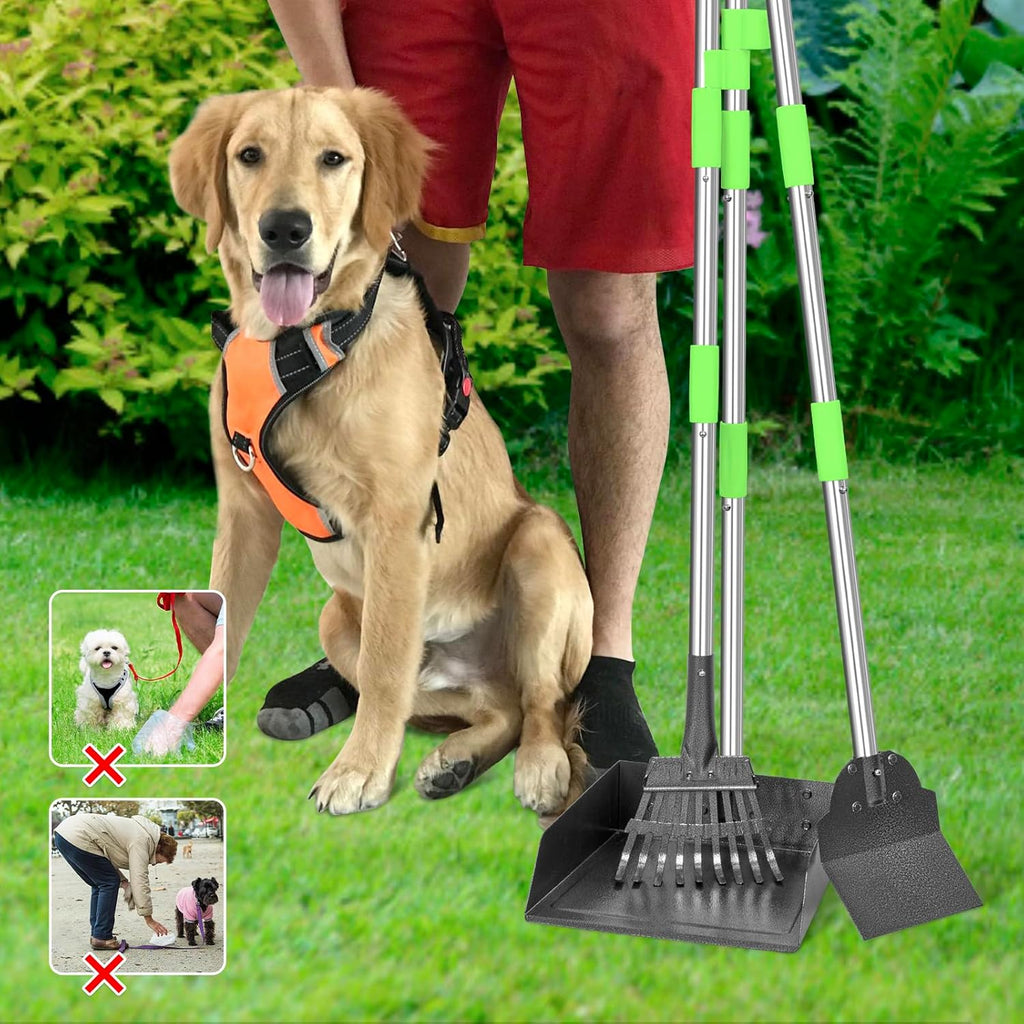 Poupipets Heavy-Duty Metal Dog Pooper Scooper Set with Extra-Large Tray, Long Handles & Yard Cleaning Tools