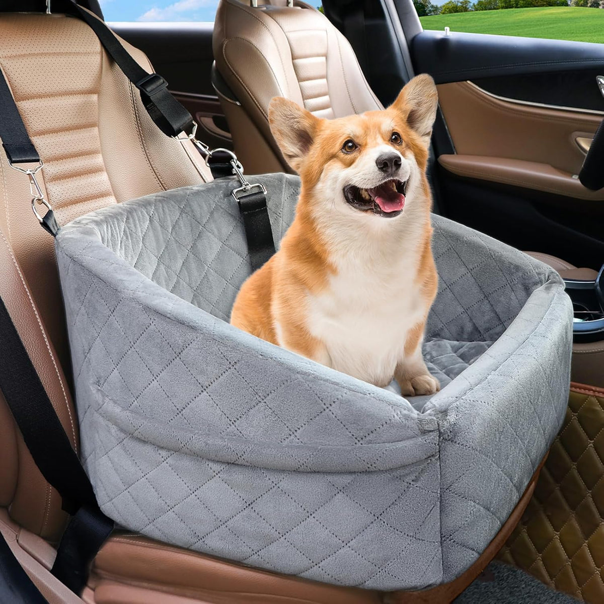 Poupipets Quilted Dog Booster Car Seat with Washable Cover and Safety Tether