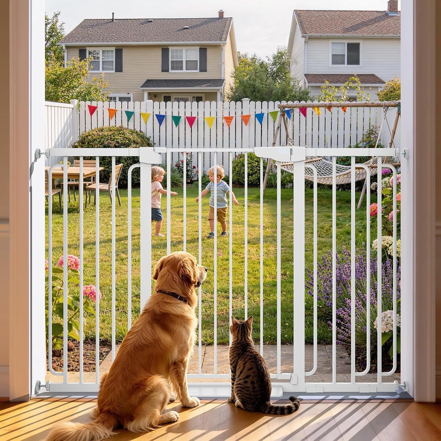Poupipets Auto-Close Safety Gate for Babies and Dogs with Dual Lock and Pressure Mount