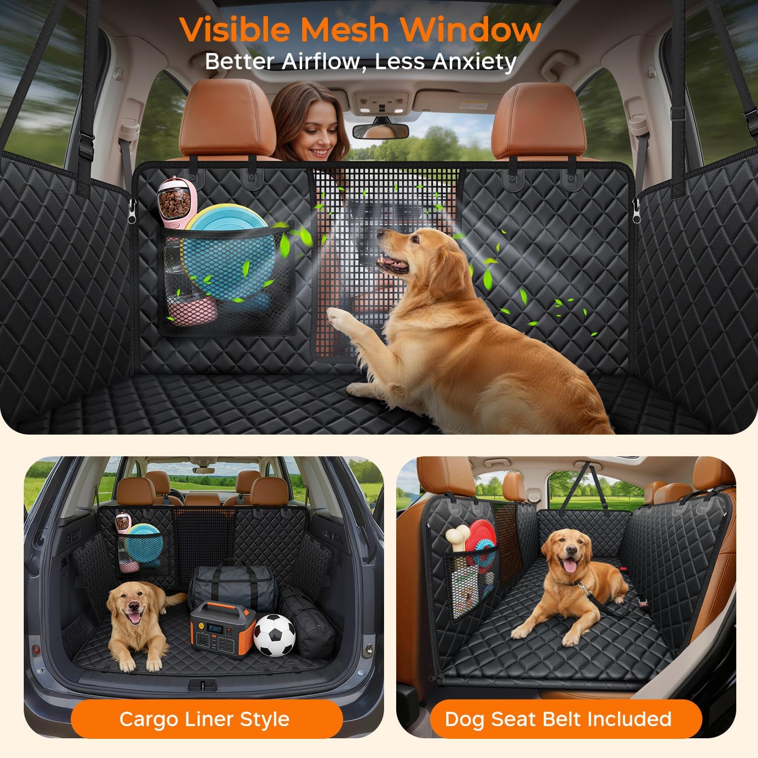 Poupipets Full-Cover Dog Car Bed Extender with Firm Base for Sedans SUVs and Trucks