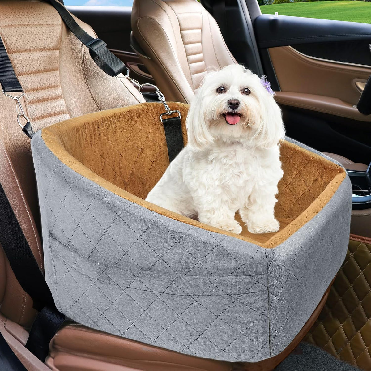 Poupipets Quilted Dog Booster Car Seat with Washable Cover and Safety Tether