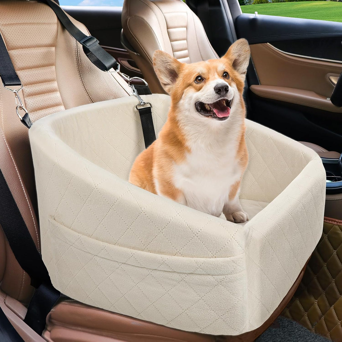 Poupipets Quilted Dog Booster Car Seat with Washable Cover and Safety Tether