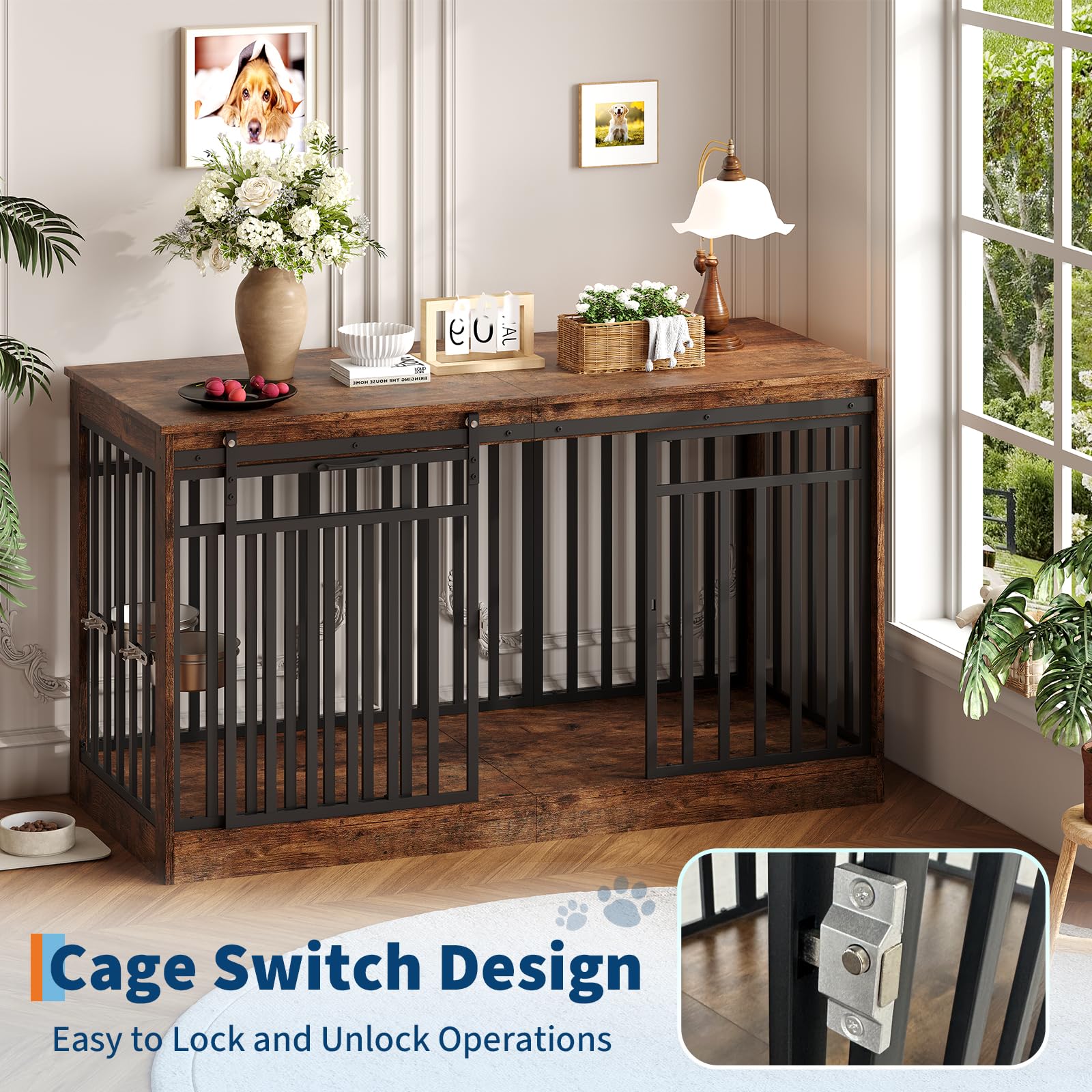 Dailypets 55-Inch Dog Crate Furniture with Sliding Doors and Feeding Bowls