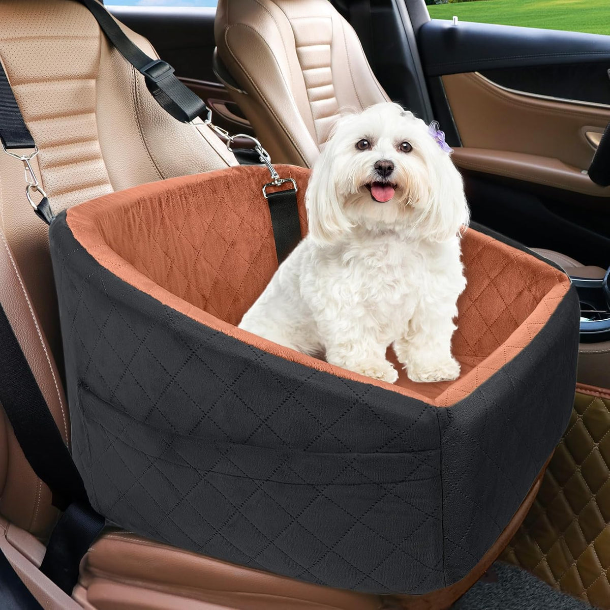 Poupipets Quilted Dog Booster Car Seat with Washable Cover and Safety Tether