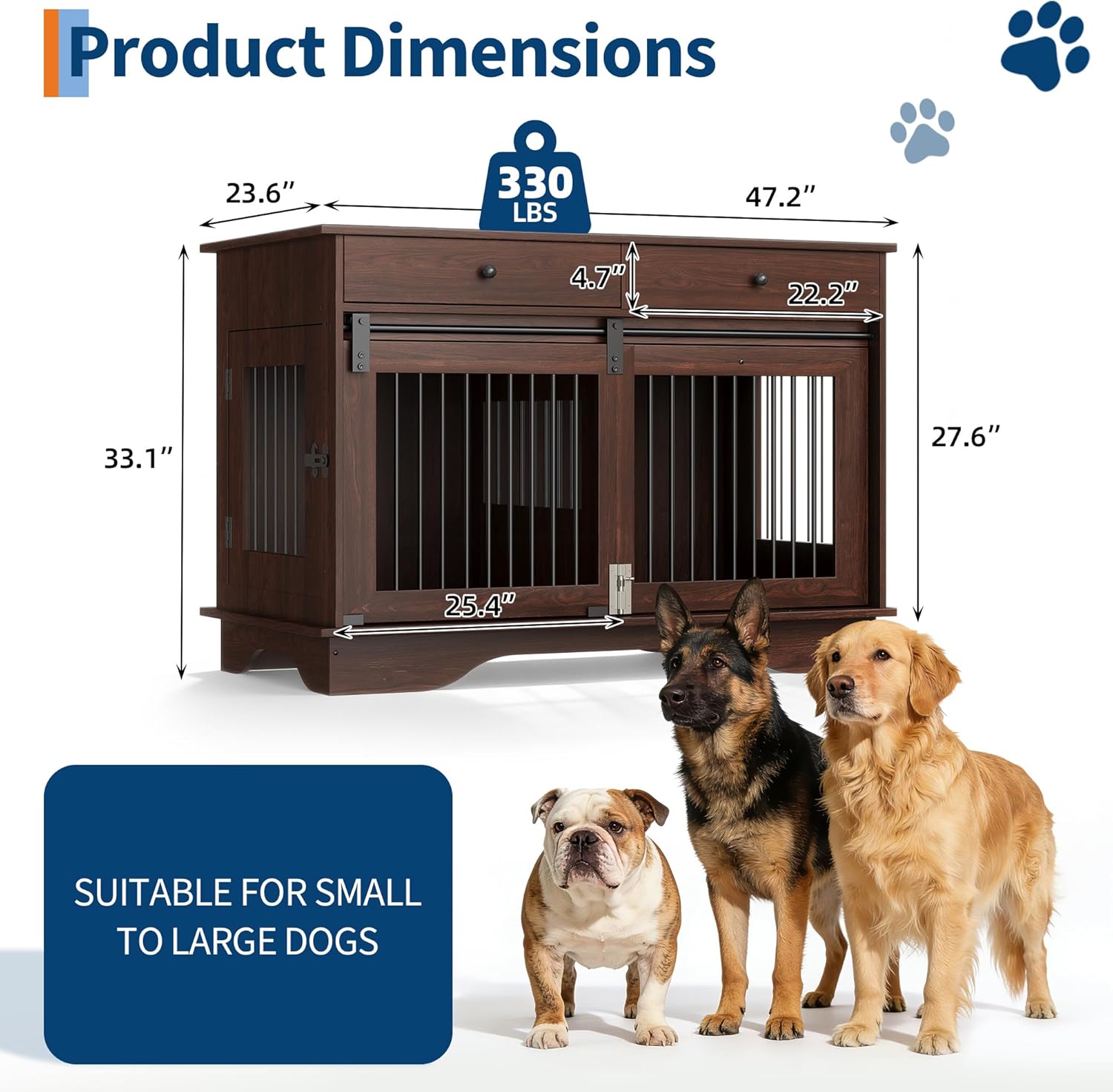 Dailypets 47-Inch Dog Crate Furniture with Storage Drawers and Triple Doors