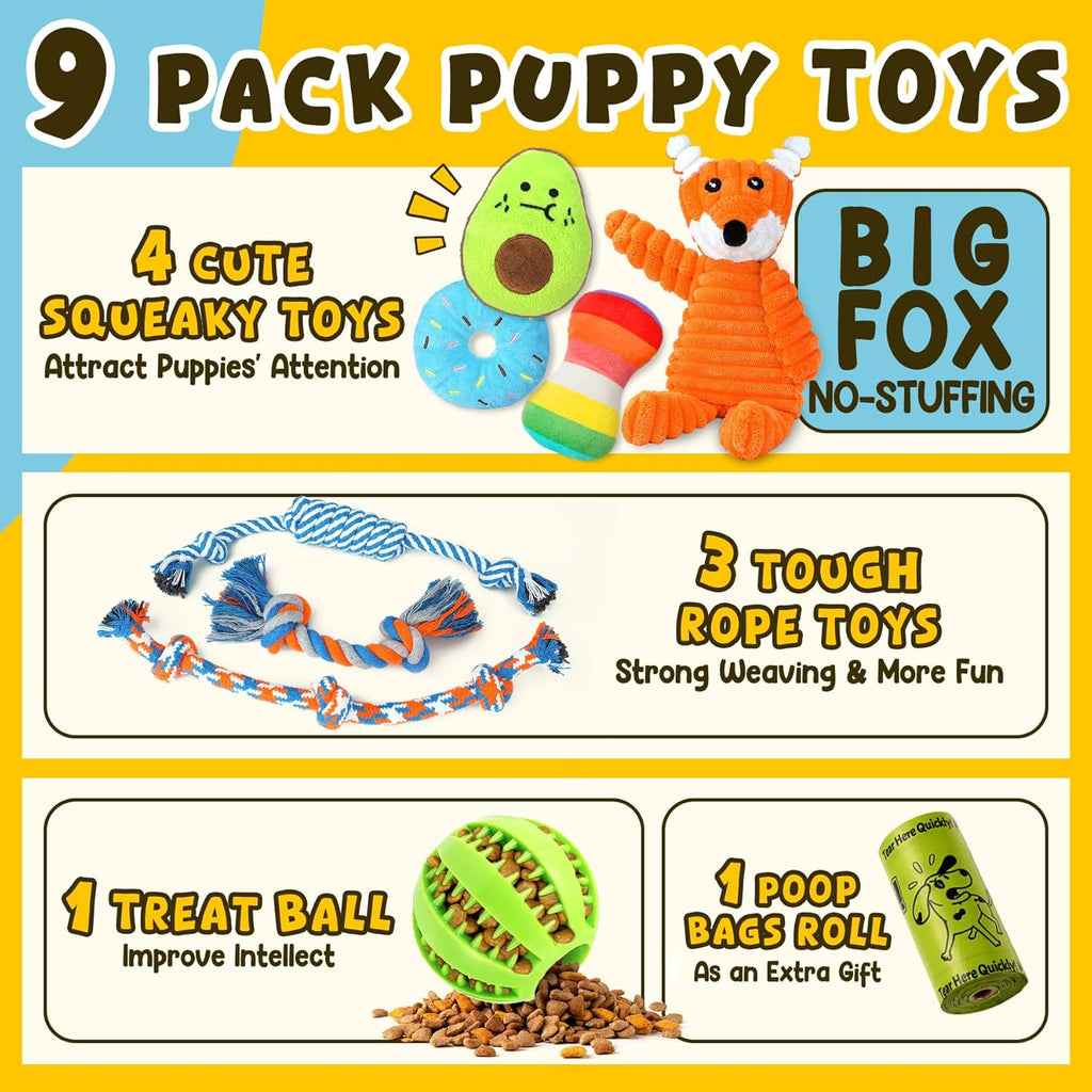 Dailypets Puppy Toy Bundle with Squeaky Plush Rope Toys and Treat Ball 9 Pieces