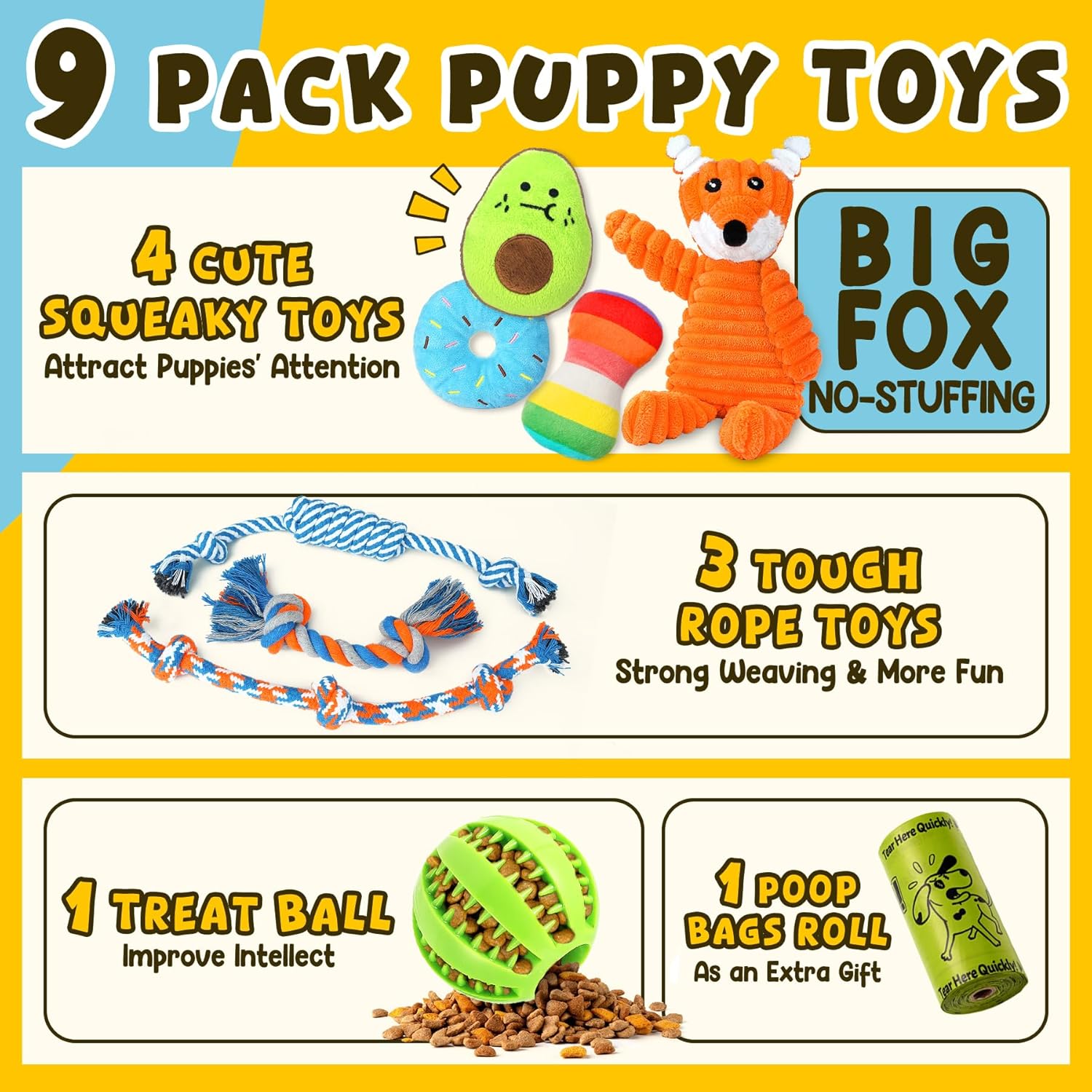 Dailypets Puppy Toy Bundle with Squeaky Plush Rope Toys and Treat Ball 9 Pieces