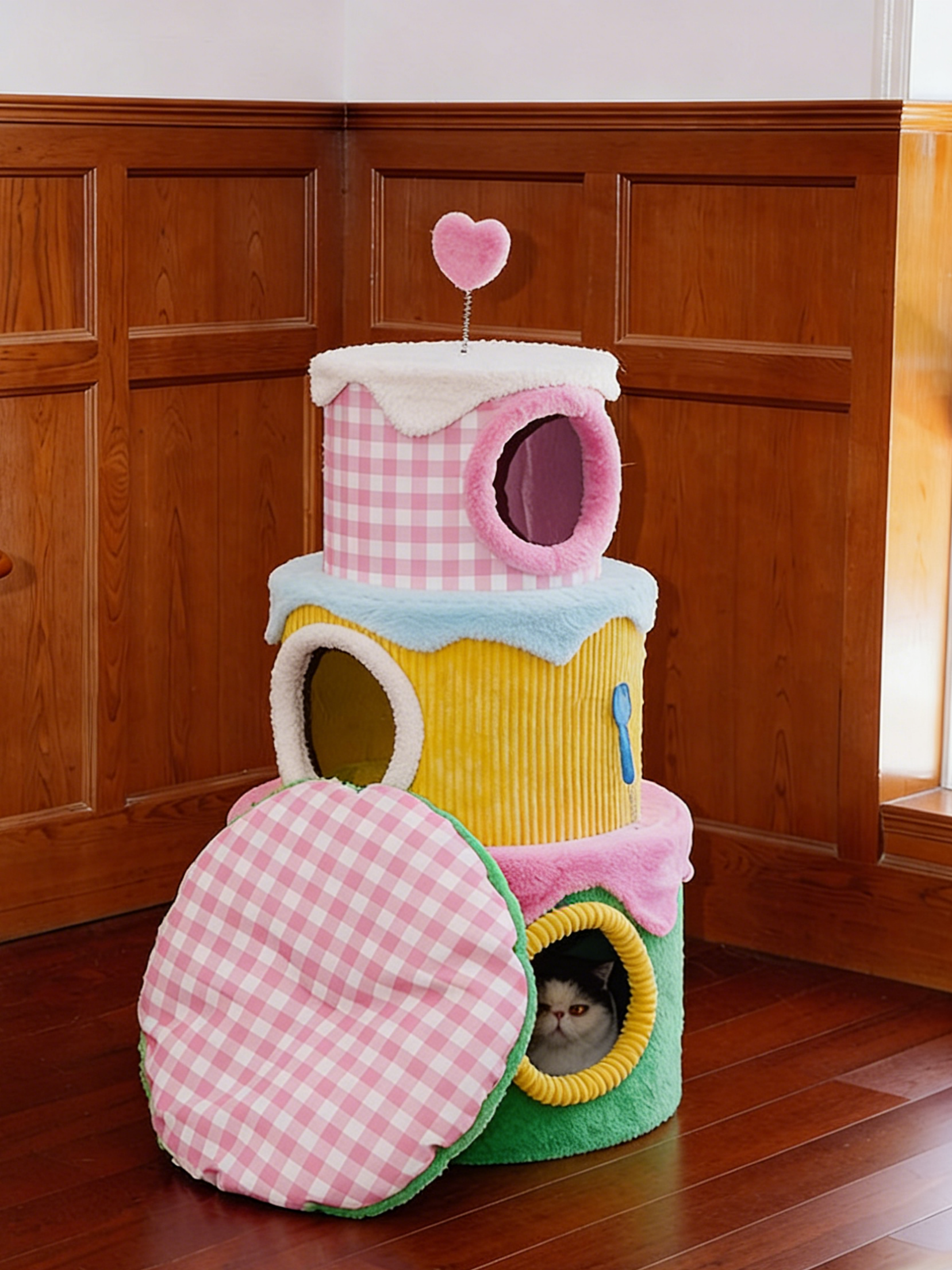 Dailypets Sweet Berry Cream Cat Tree with Three-Tier Cat Condos and Plush Interior