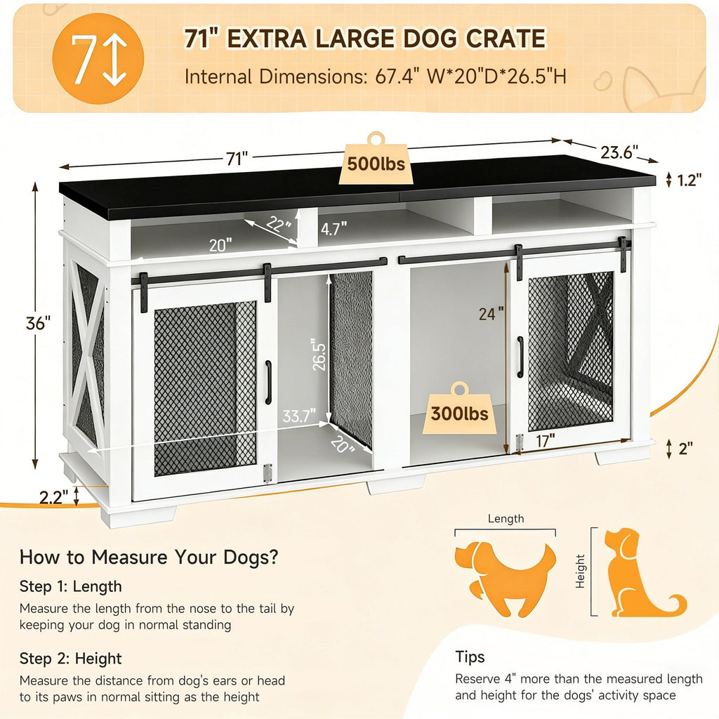 Dailypets 71-Inch Double Dog Crate Furniture with Storage Shelves and Divider
