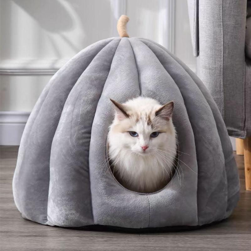 Dailypets Cozy Pumpkin-Shaped Semi-Enclosed Cat Bed with Soft Plush Warm Sleeping Nest