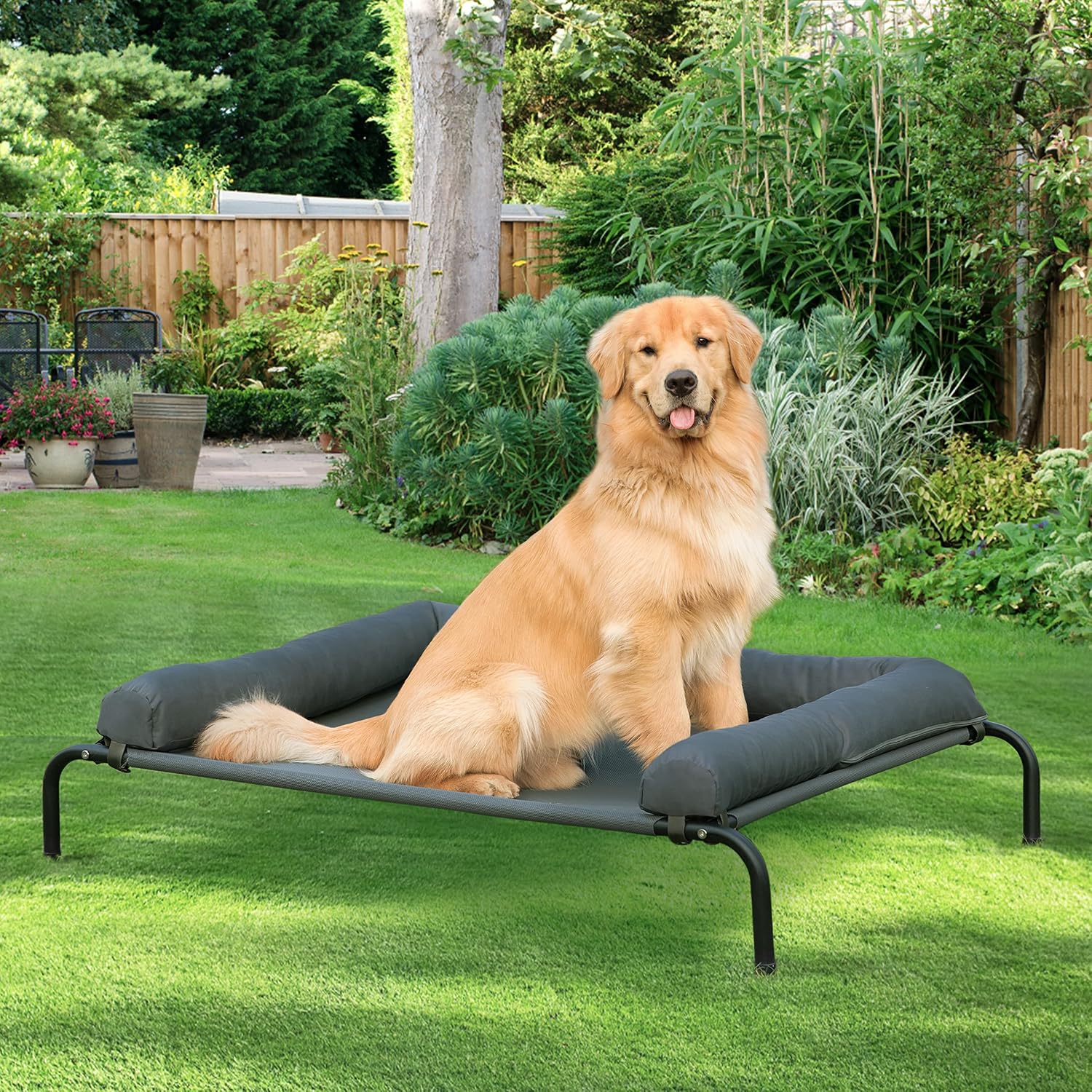 Poupipets Elevated Dog Bed with Breathable Mesh and Removable Padded Bolsters
