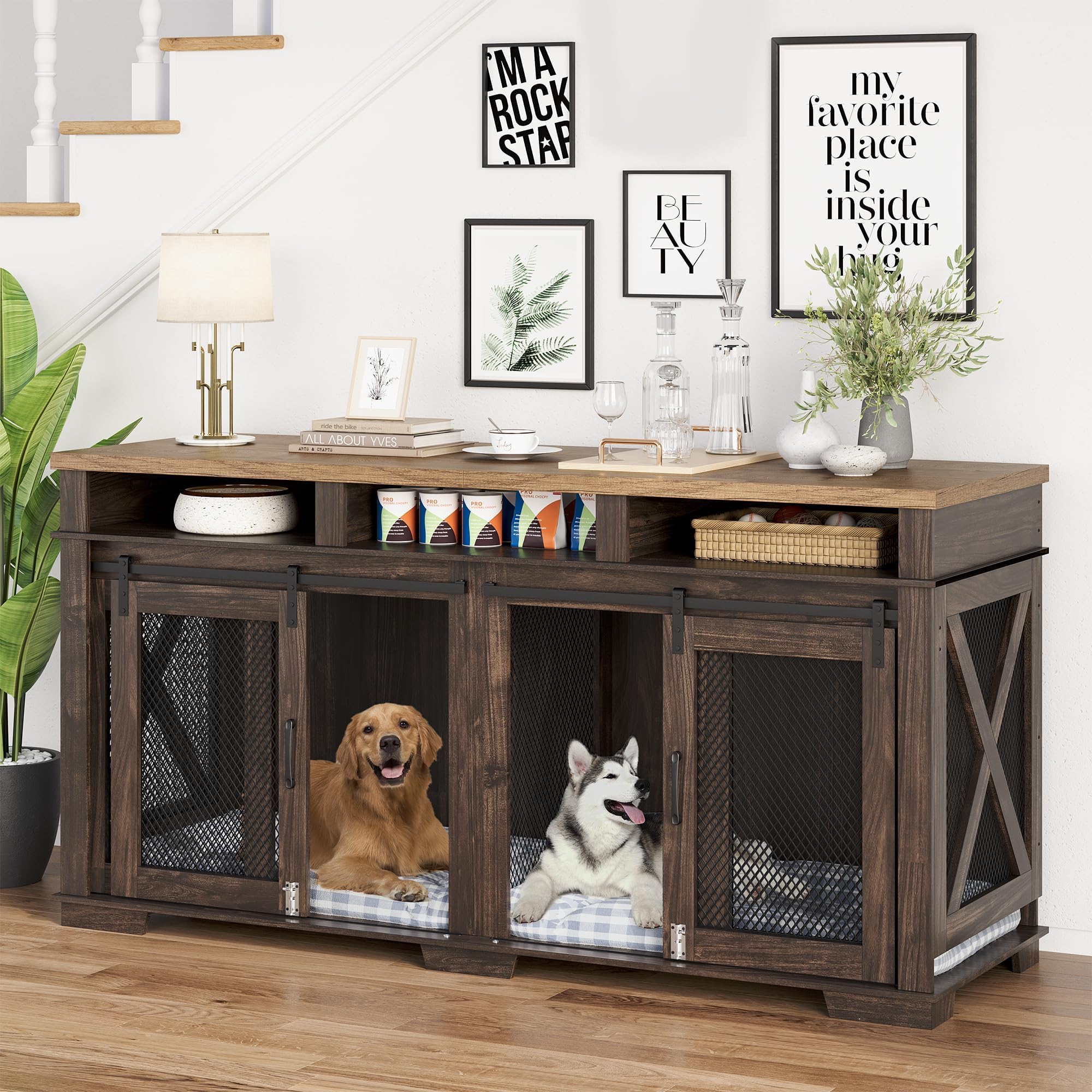 Dailypets Double Dog Crate Furniture with Storage Shelves and Removable Divider