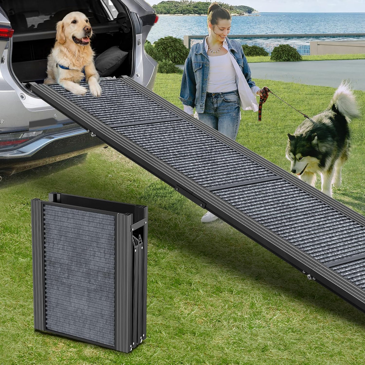 Poupipets Folding Aluminum Dog Ramp for Cars, SUVs & Trucks with Non-Slip Carpet Surface
