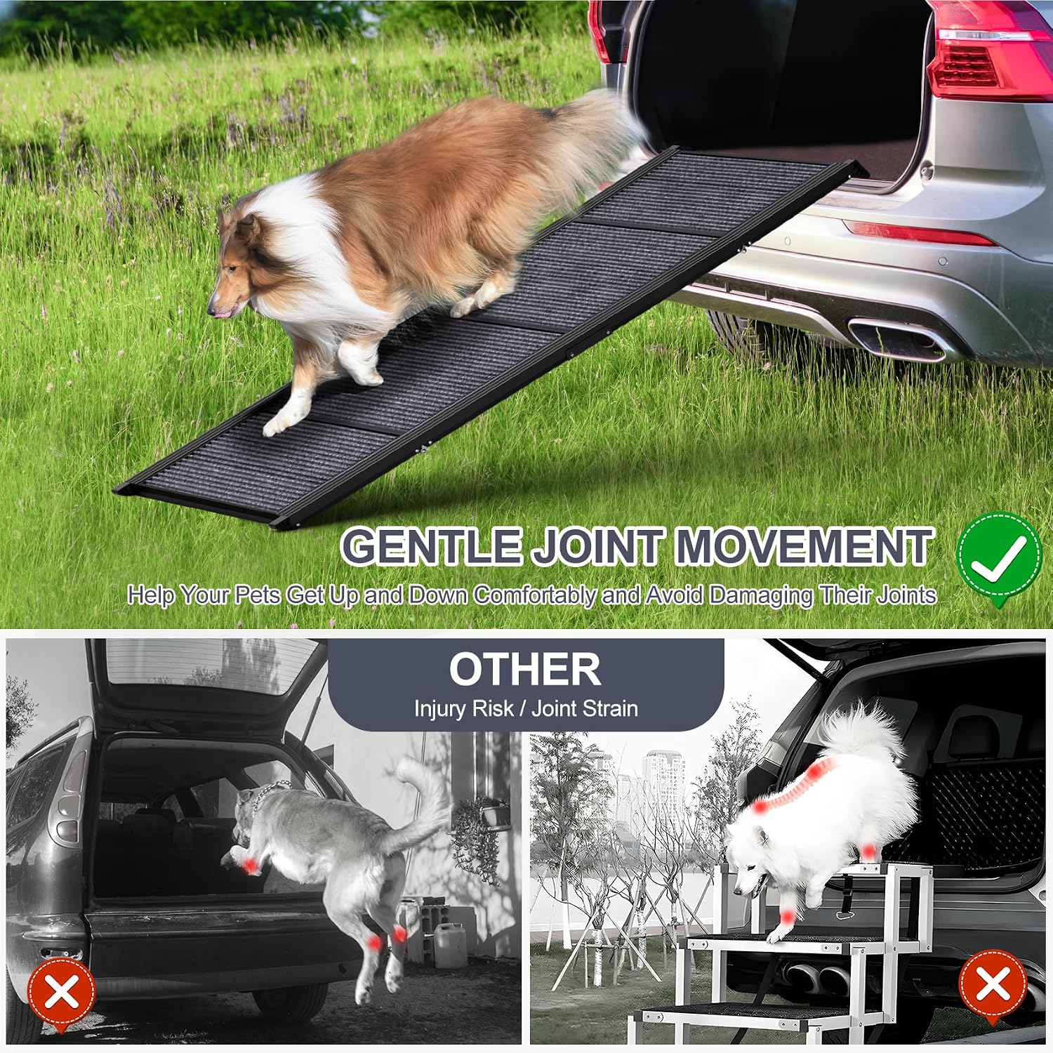 Poupipets Folding Aluminum Dog Ramp for Cars, SUVs & Trucks with Non-Slip Carpet Surface
