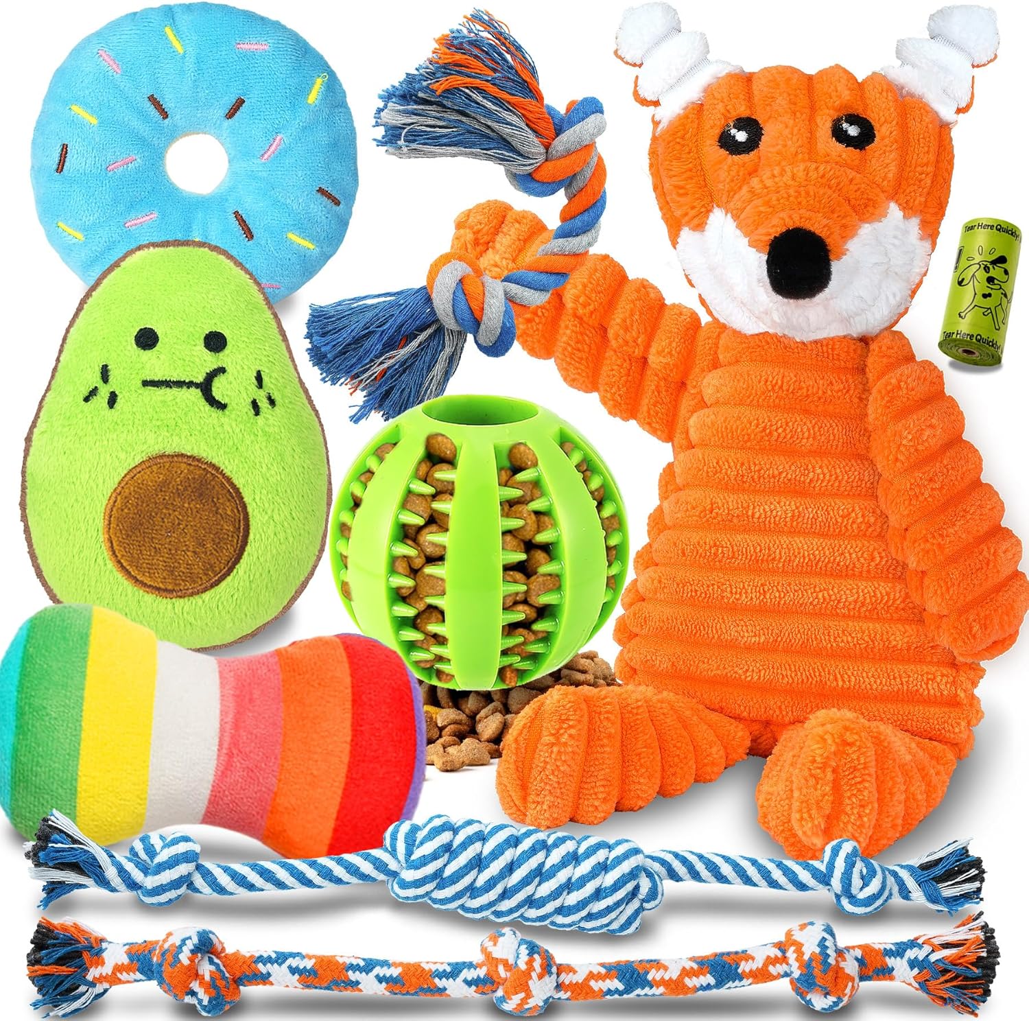 Dailypets Puppy Toy Bundle with Squeaky Plush Rope Toys and Treat Ball 9 Pieces
