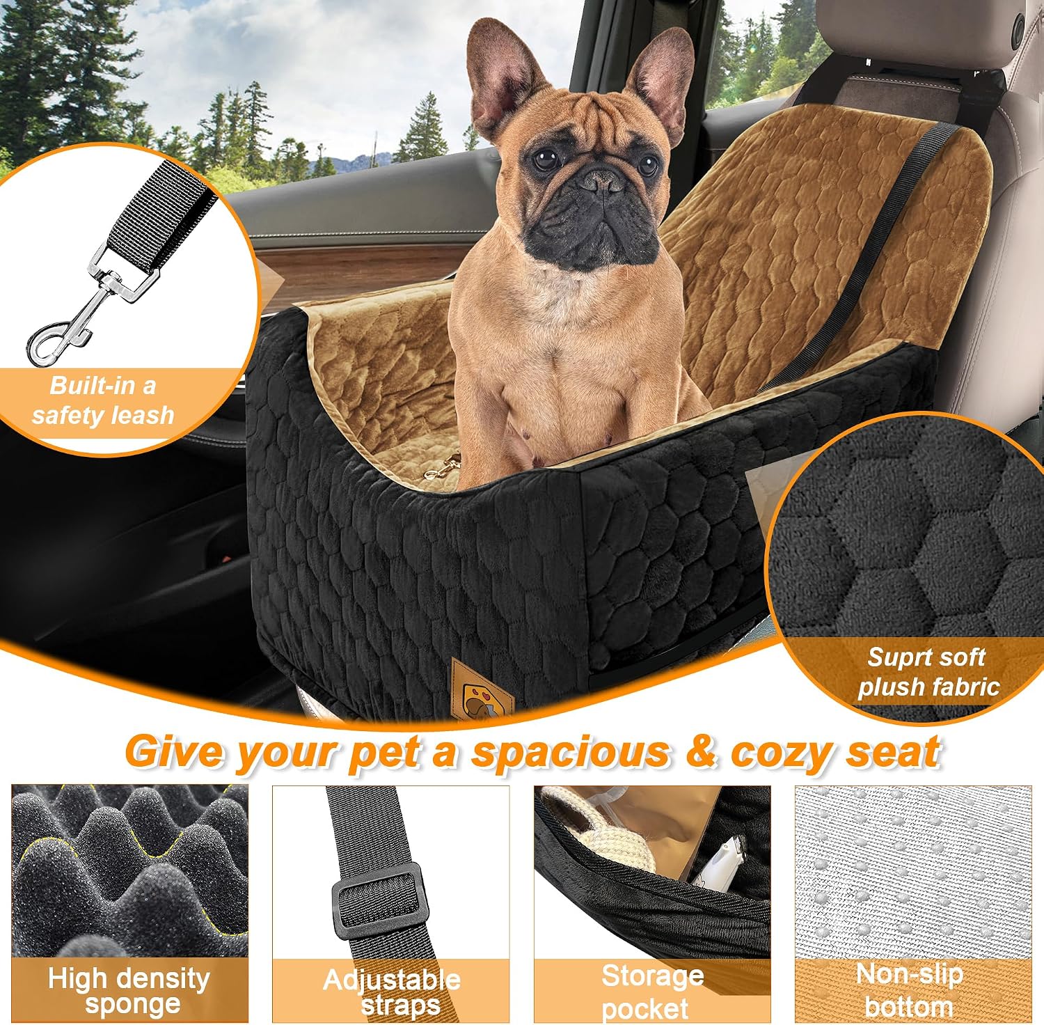 Poupipets Crystal Velvet Dog Car Seat with Elevated Base and Harness Restraint