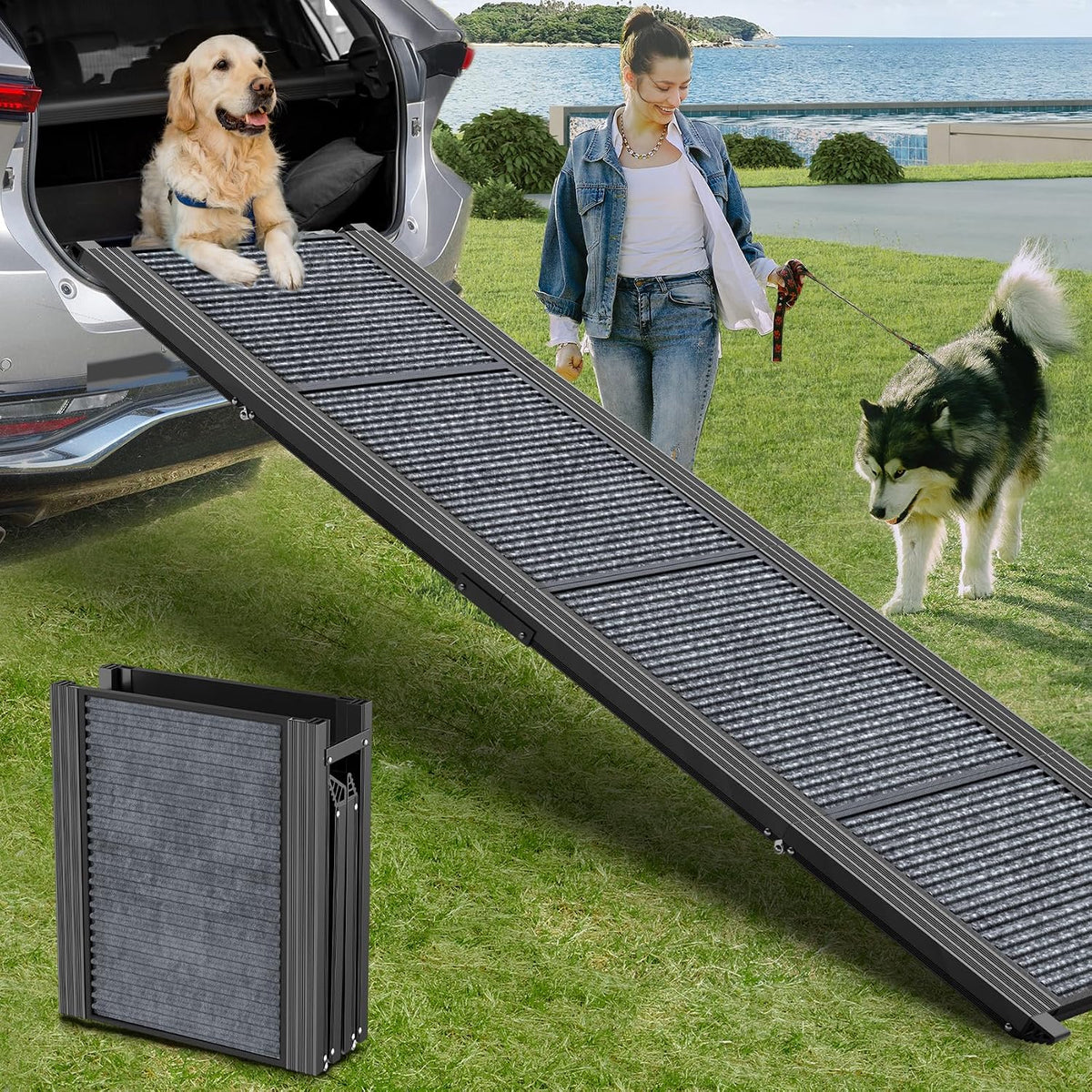 Poupipets Folding Aluminum Dog Ramp for Cars, SUVs & Trucks with Non-Slip Carpet Surface