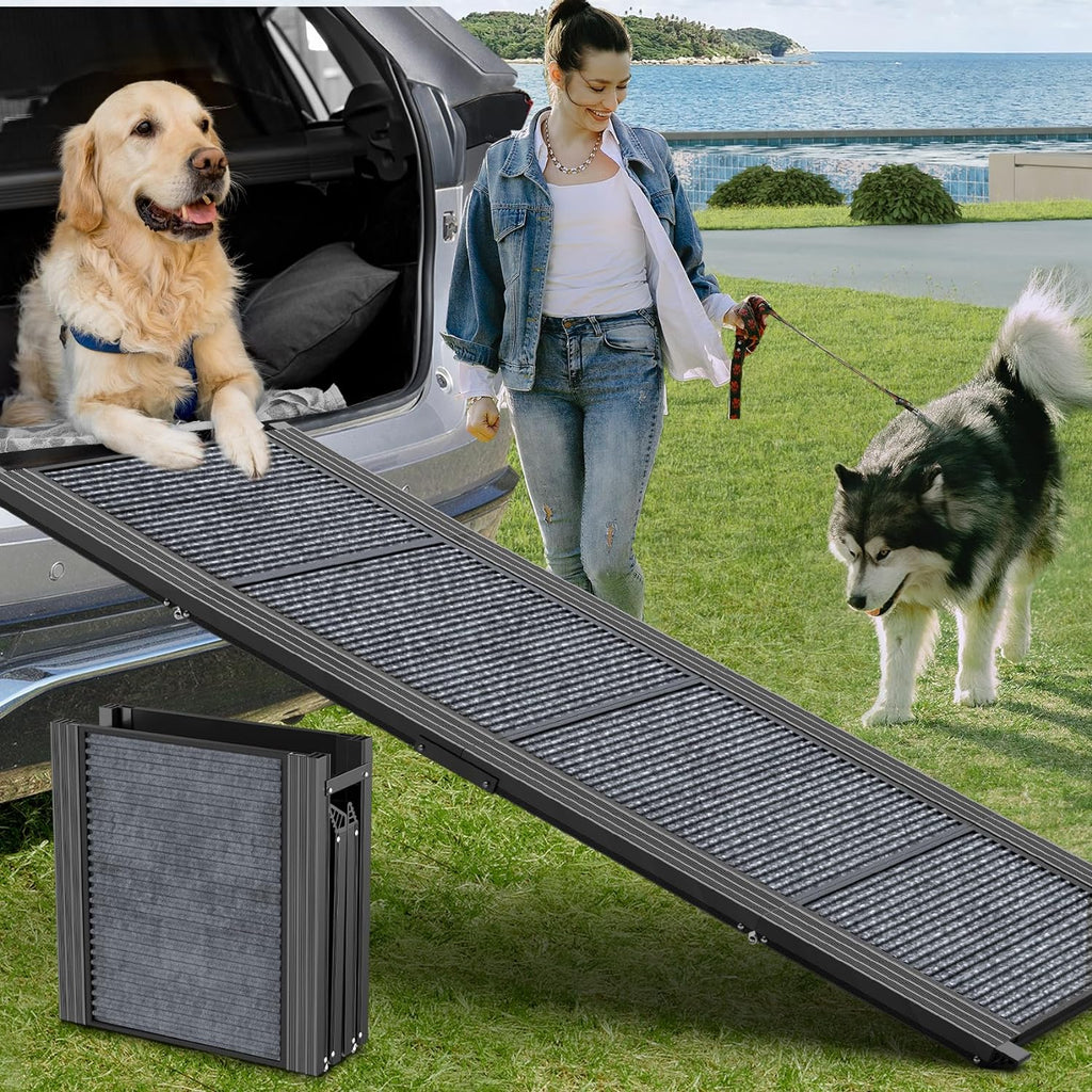 Poupipets Folding Aluminum Dog Ramp for Cars, SUVs & Trucks with Non-Slip Carpet Surface