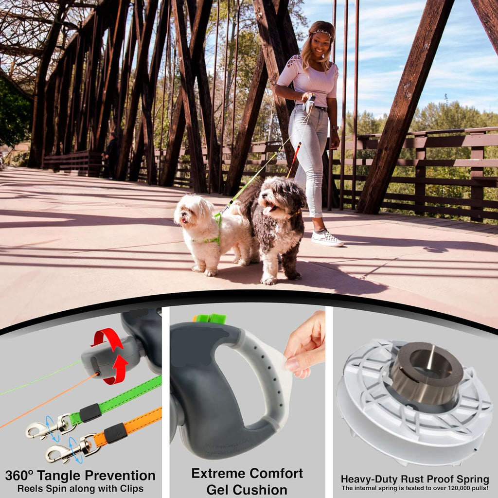 Poupipets Two Dog Retractable Lead with Color-Coded Brakes and Comfortable Handle