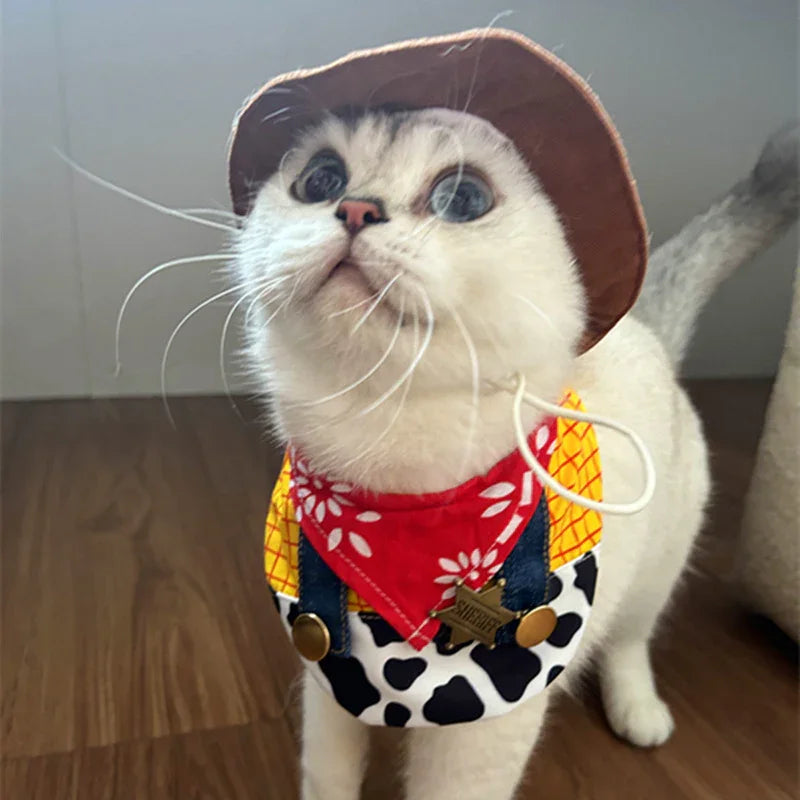 Dailypets Cowboy Sheriff Cat Costume Set with Western Hat and Patchwork Bib