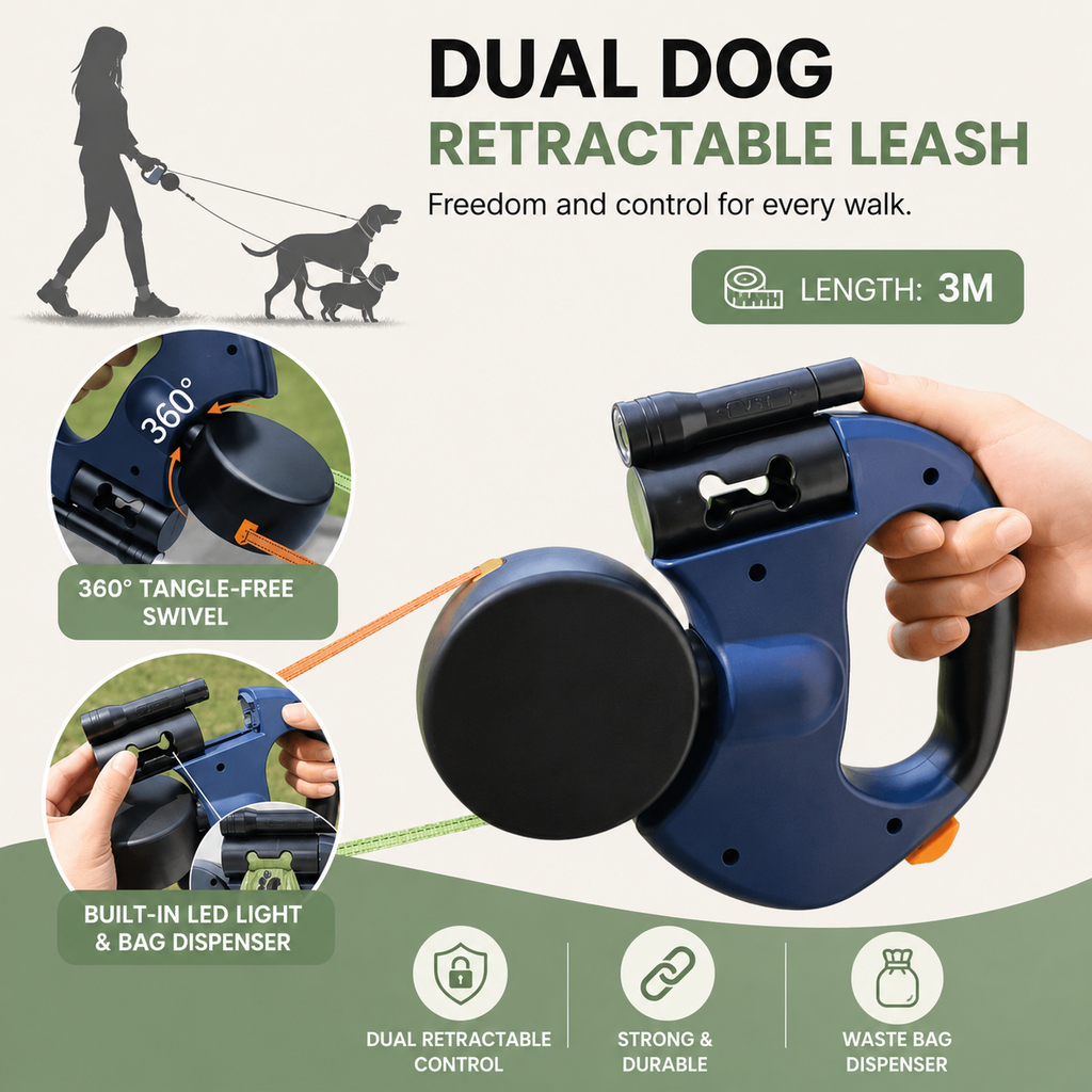 Dailypets Double Retractable Dog Leash with LED Light and Tangle-Free 360° Swivel Design