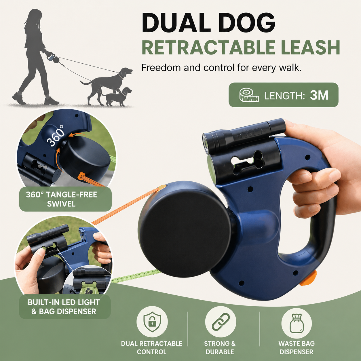 Dailypets Double Retractable Dog Leash with LED Light and Tangle-Free 360° Swivel Design