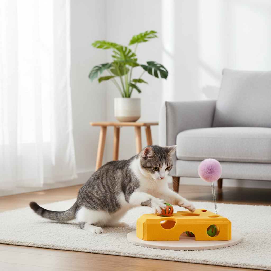Dailypets Felt Cat Puzzle Toy with Cheese Design for Indoor Hunting & Enrichment