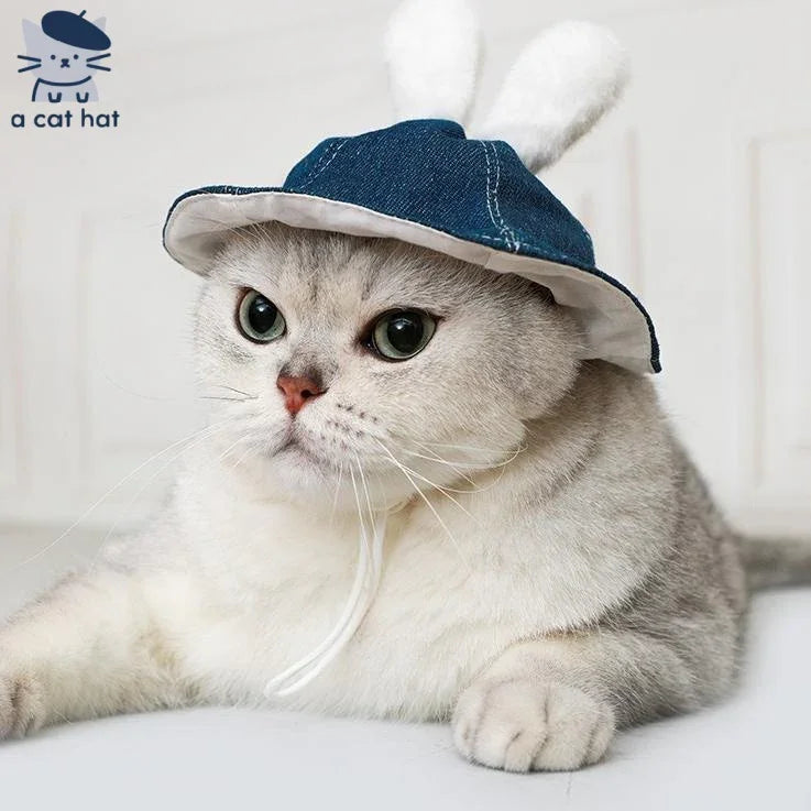 Dailypets Denim Rabbit Ear Cat Hat with Adjustable Drawstring for Photo Sessions