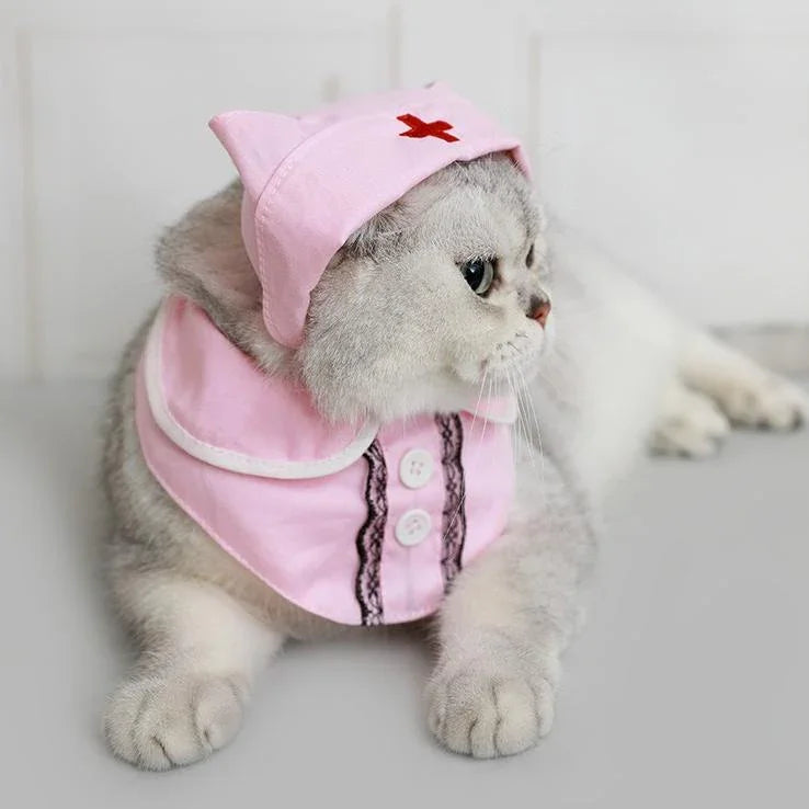 Dailypets Nurse Cat Costume Set with Hat and Lace Collar for Photo Sessions
