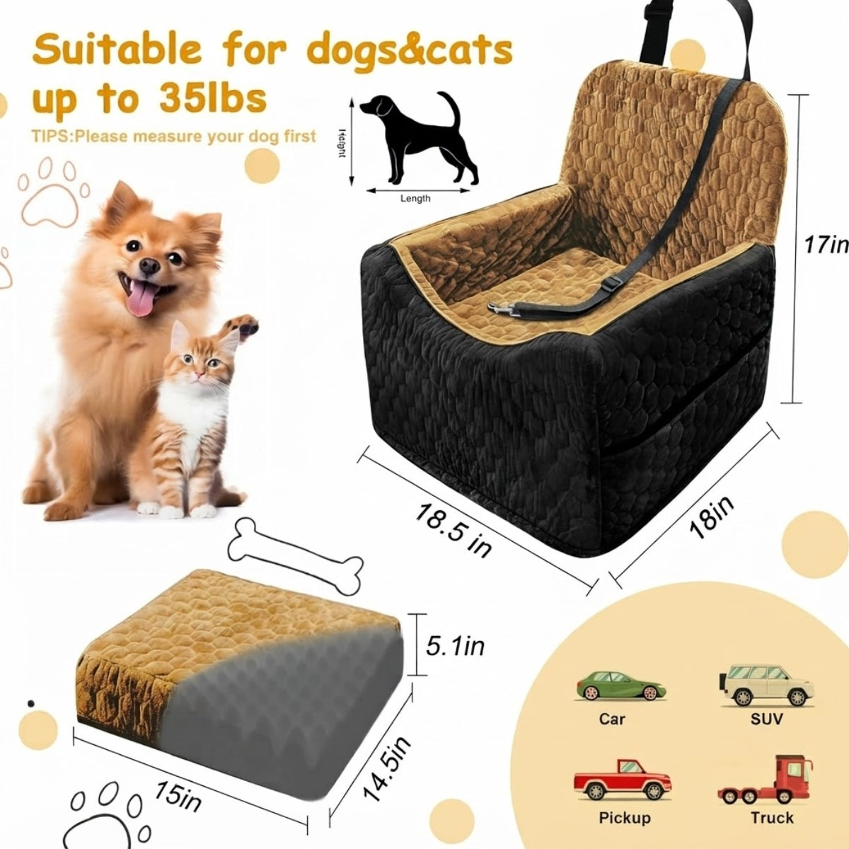 Poupipets Crystal Velvet Dog Car Seat with Elevated Base and Harness Restraint