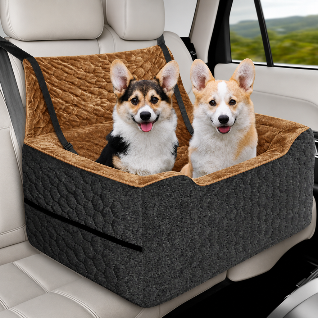 Poupipets Crystal Velvet Dog Car Seat with Elevated Base and Harness Restraint