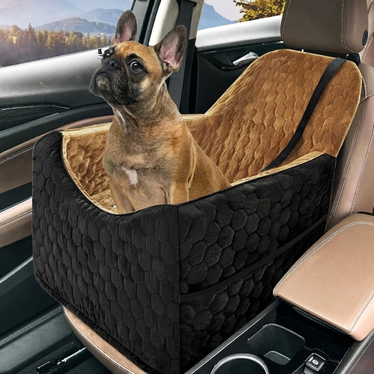 Poupipets Crystal Velvet Dog Car Seat with Elevated Base and Harness Restraint