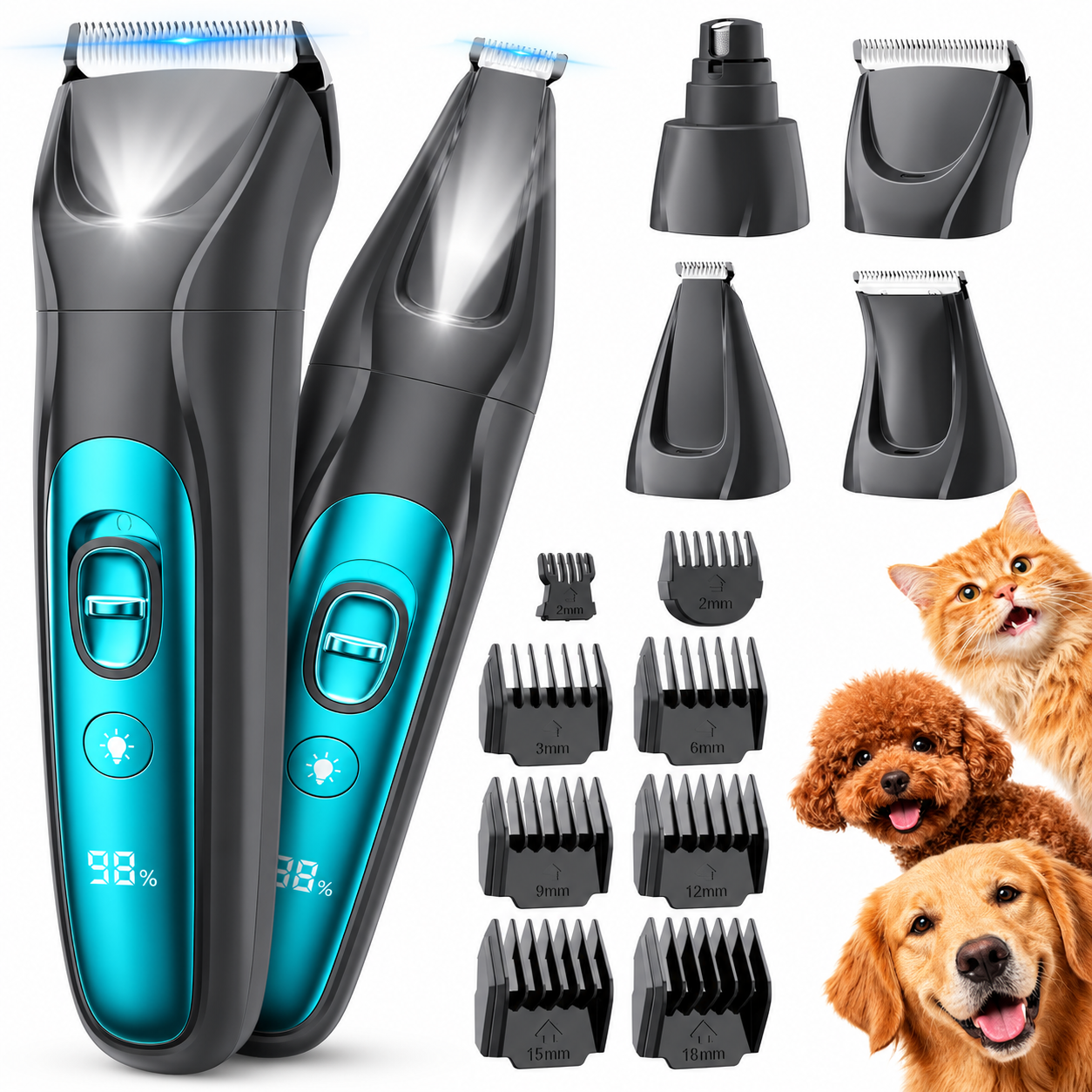Poupipets 4-in-1 Dog Grooming Kit with LED Light, Cordless Clippers & Nail Grinder