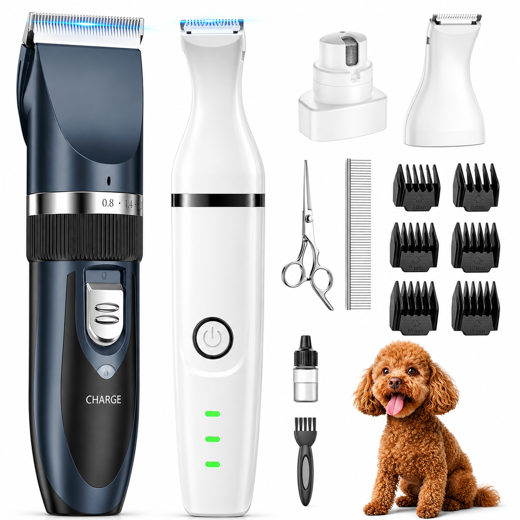 Poupipets 3-in-1 Dog Grooming Kit with Cordless Clippers, Paw Trimmer and Nail Grinder
