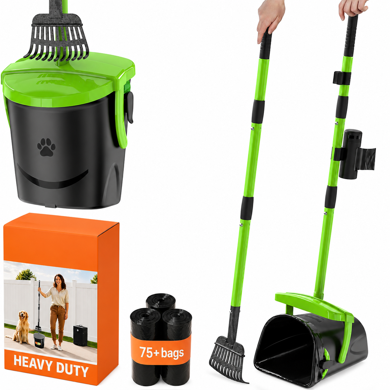 Poupipets XL Dog Pooper Scooper with 40" Handle, Swivel Bin & Bag Attachment