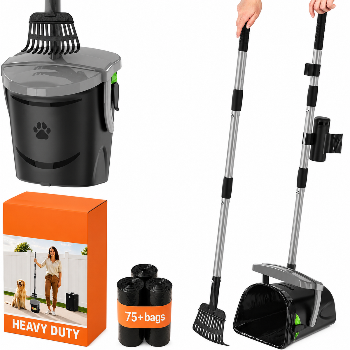 Poupipets XL Dog Pooper Scooper with 40" Handle, Swivel Bin & Bag Attachment