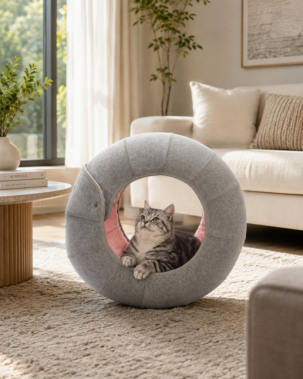 Poupipets Round Cat Cave Bed, Shell Style Lounge with Plush Interior