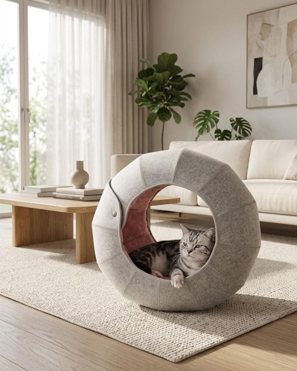 Poupipets Round Cat Cave Bed, Shell Style Lounge with Plush Interior