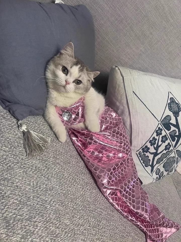 Dailypets Mermaid Cat Costume with Fish Scale Design and Matching Hair Bow