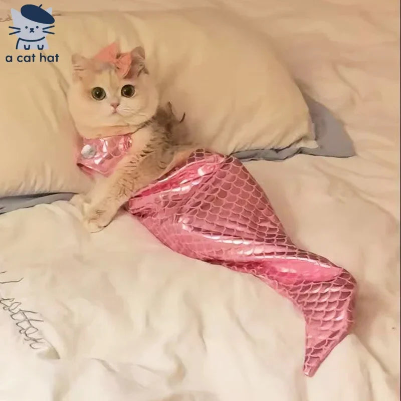 Dailypets Mermaid Cat Costume with Fish Scale Design and Matching Hair Bow