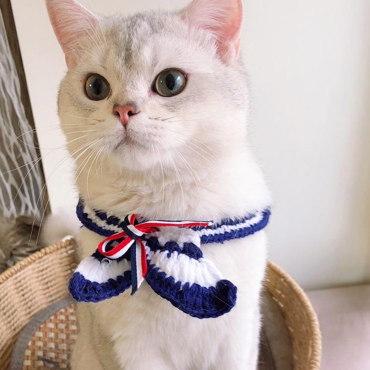 Dailypets Sailor Cat Collar with Knitted Bow for Everyday Dress-Up
