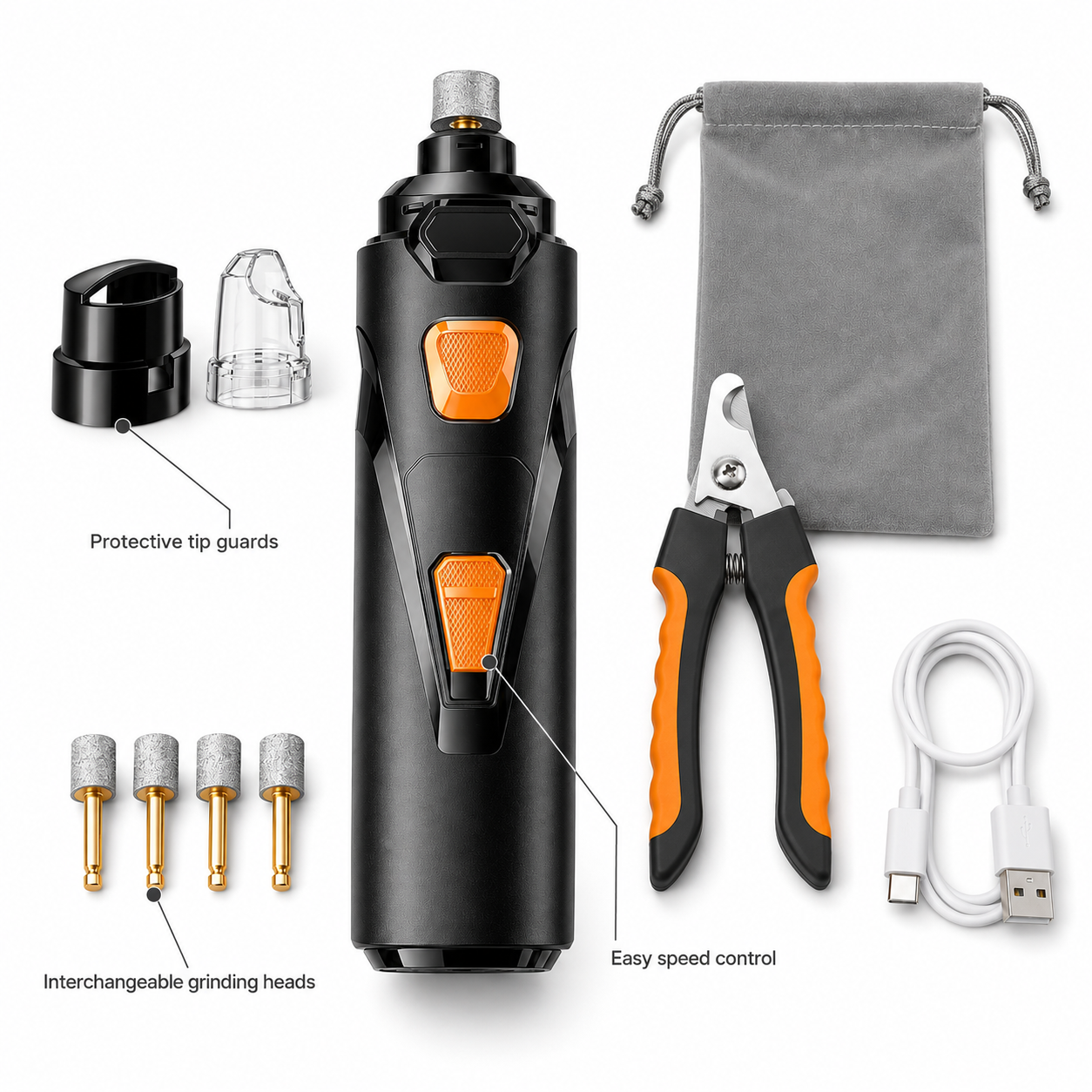 POUPIPETS Dog Nail Grinder – 3-Speed Quiet Electric Grinder with LED Light & Clippers