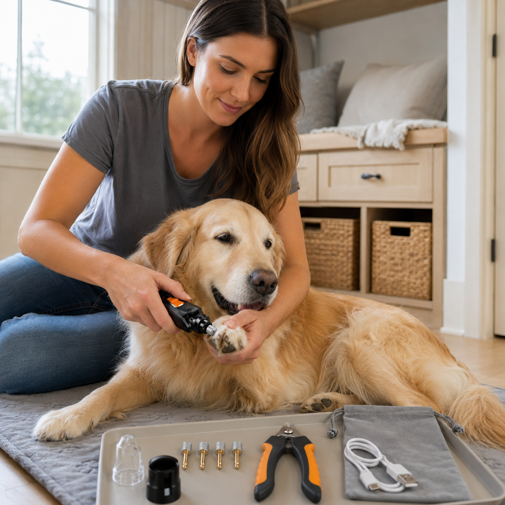 POUPIPETS Dog Nail Grinder – 3-Speed Quiet Electric Grinder with LED Light & Clippers
