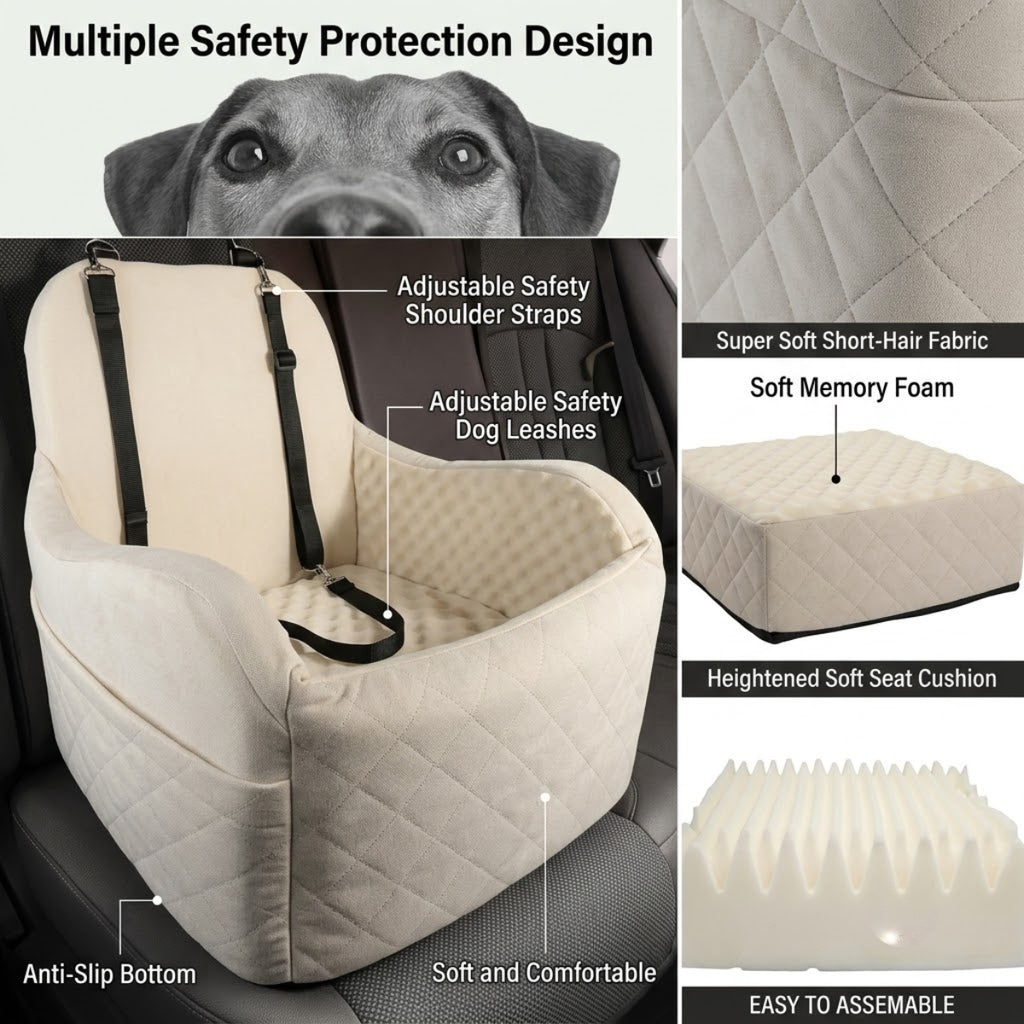 Poupipets Washable Dog Booster Seat with Raised Cushion and Anti-Slip Travel Base
