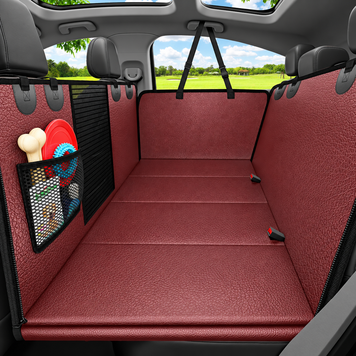 POUPIPETS Dog Car Seat Cover – Hard Bottom Back Seat Hammock, PU Leather, Seat Extender