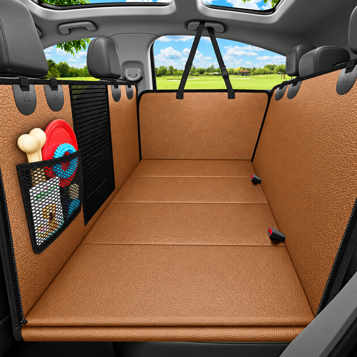 POUPIPETS Dog Car Seat Cover – Hard Bottom Back Seat Hammock, PU Leather, Seat Extender